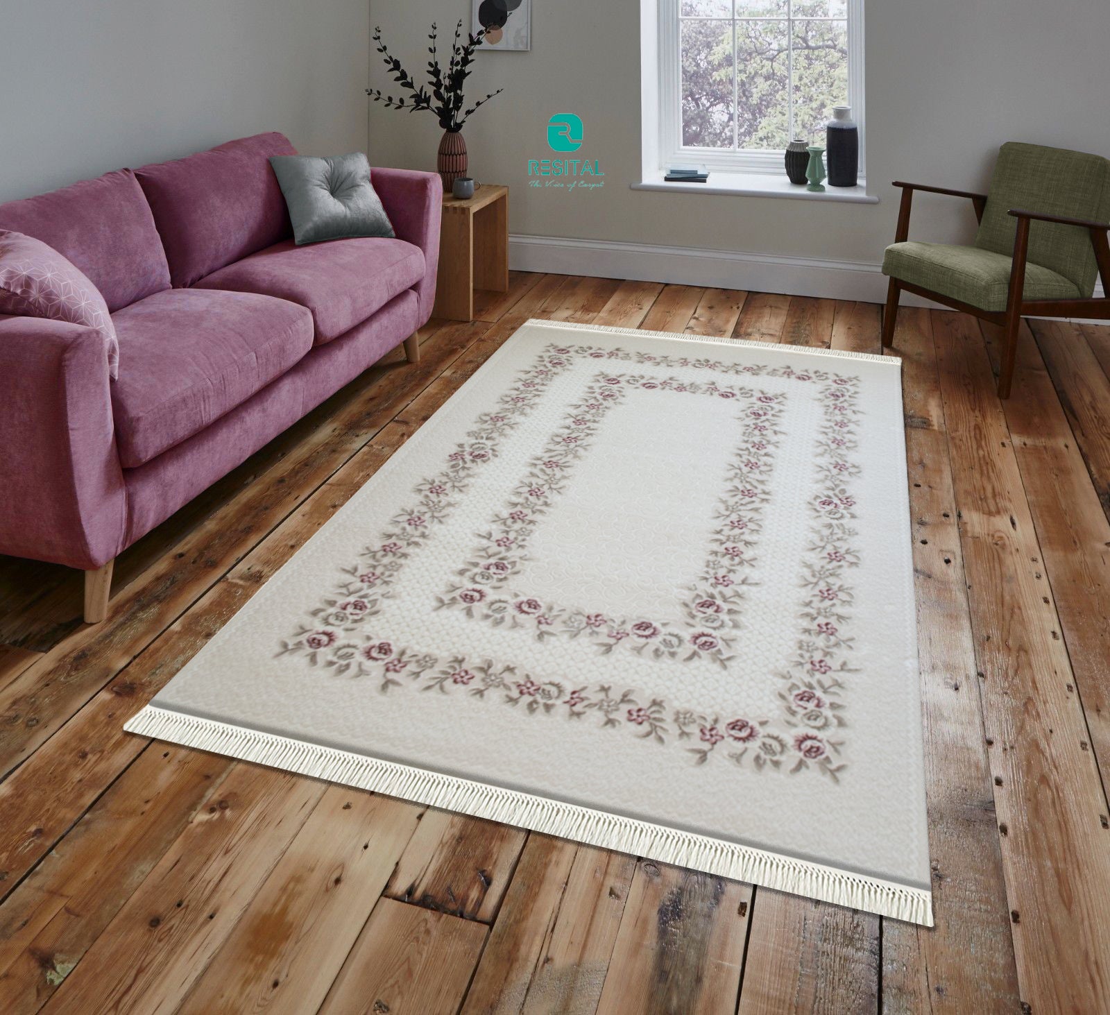 Ahenk – Kurzflor - Teppich mit Floralmuster -3025-cream